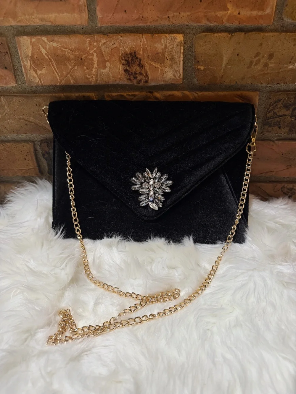 Black Velvet Chain-Shoulder Evening Clutch with Crystal Brooch